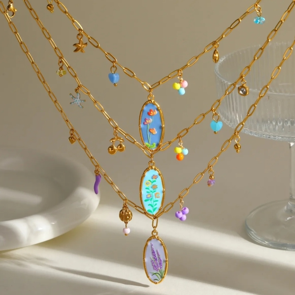 Floral Pendant Necklace Lavender Blue